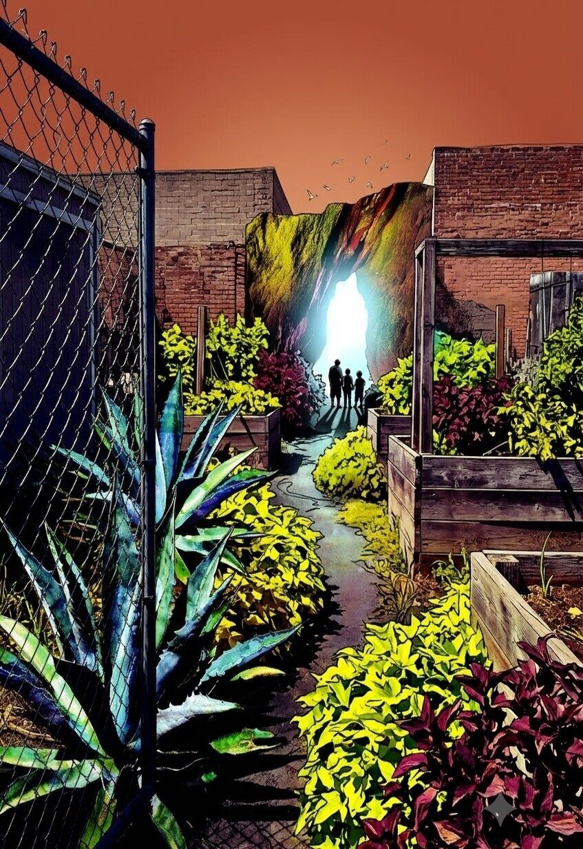 Urban Growth — a digital painting of a community garden between brick buildings, three figures at a glowing portal in a rock face, under an orange sky.